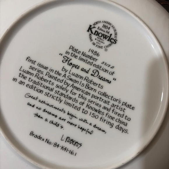 1986 Knowles “Hopes and Dreams” Collector Plate by Louann Roberts - Picture 3 of 4